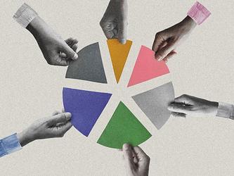 graphic of multiple hands holding a piece of a single pie chart